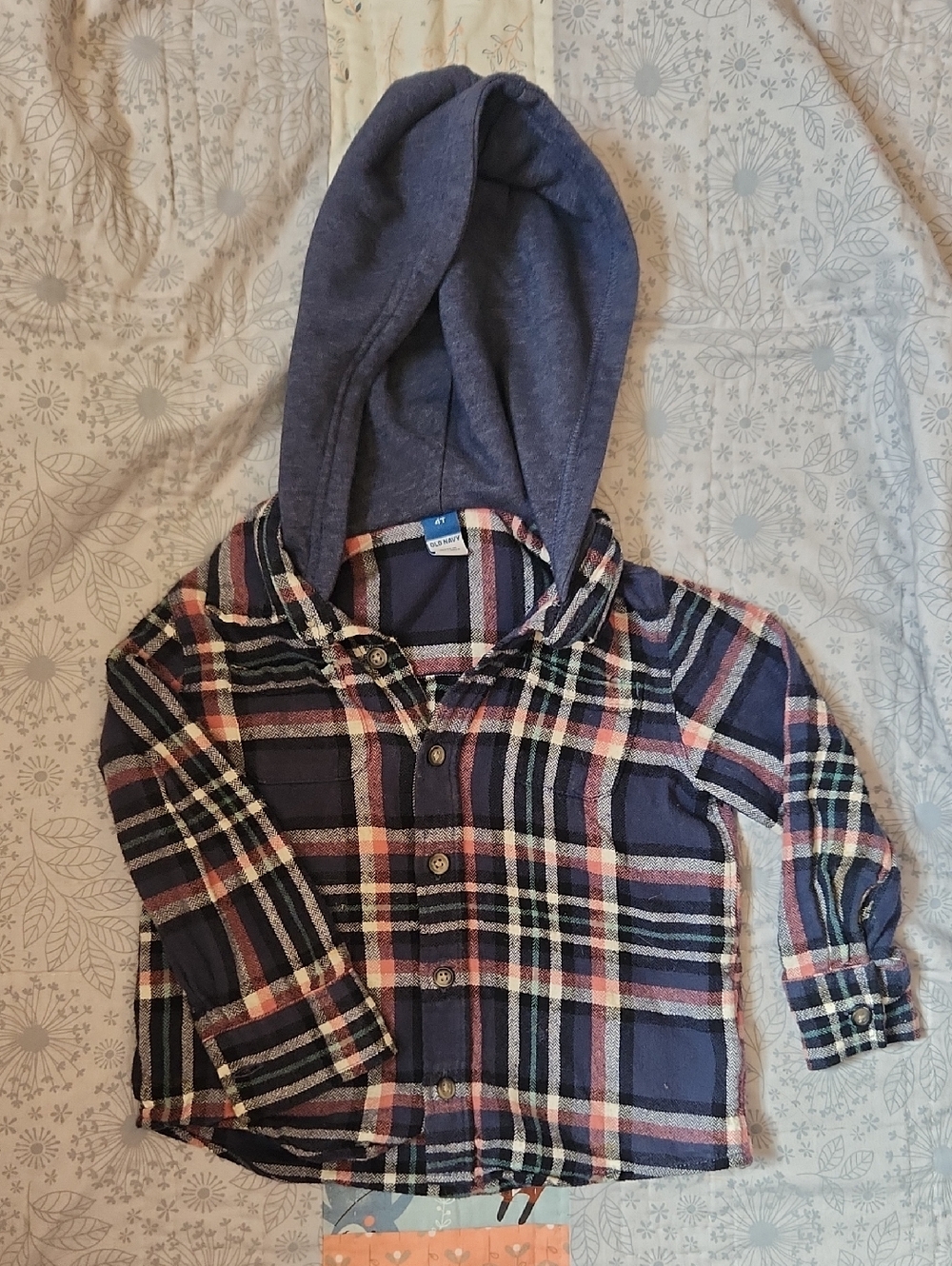 Old Navy Plaid Hooded Button-Down Shacket in Navy & Pink